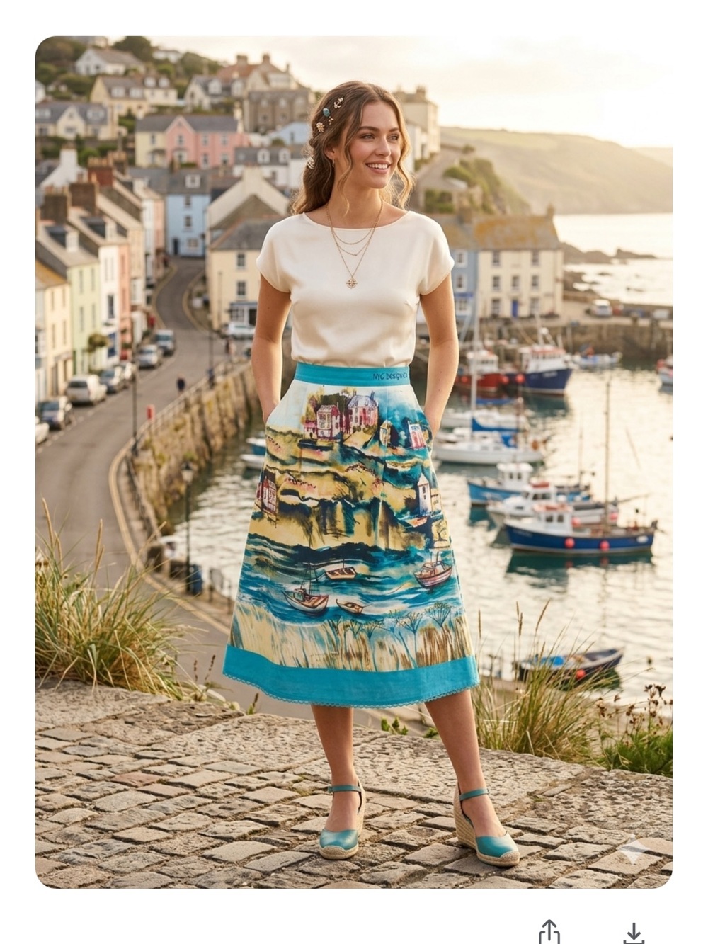 NYC Design Co Maximalist Whimsical Coastal Artcore Scenic Nautical Midi Skirt 8P